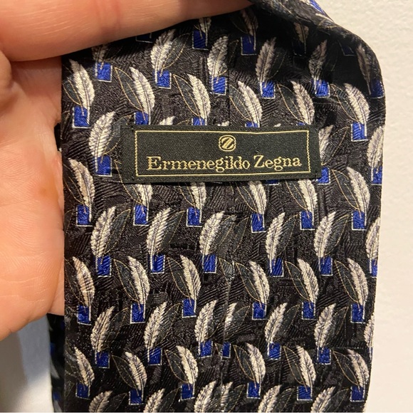 Ermenegildo Zegna Blue Feather Silk Tie Men 58” Long 3.5” Wide Made In Italy - Picture 4 of 9